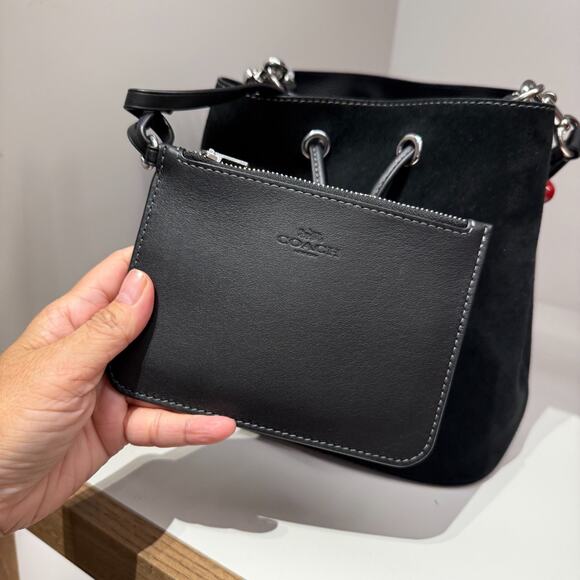 Coach Rowan Bucket Bag With Cherry Charm CCZ89 Suede/Silver/Black - Picture 3 of 10